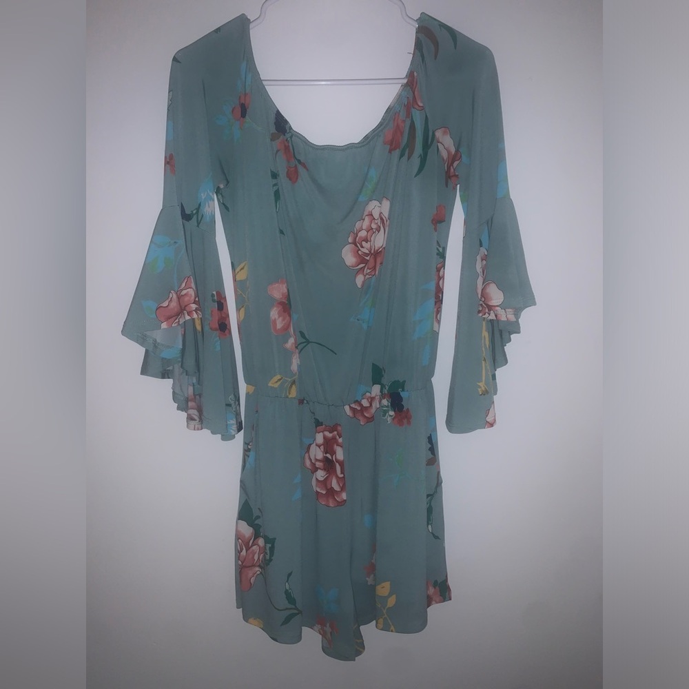 Floral Romper with Bell Sleeves & Pockets